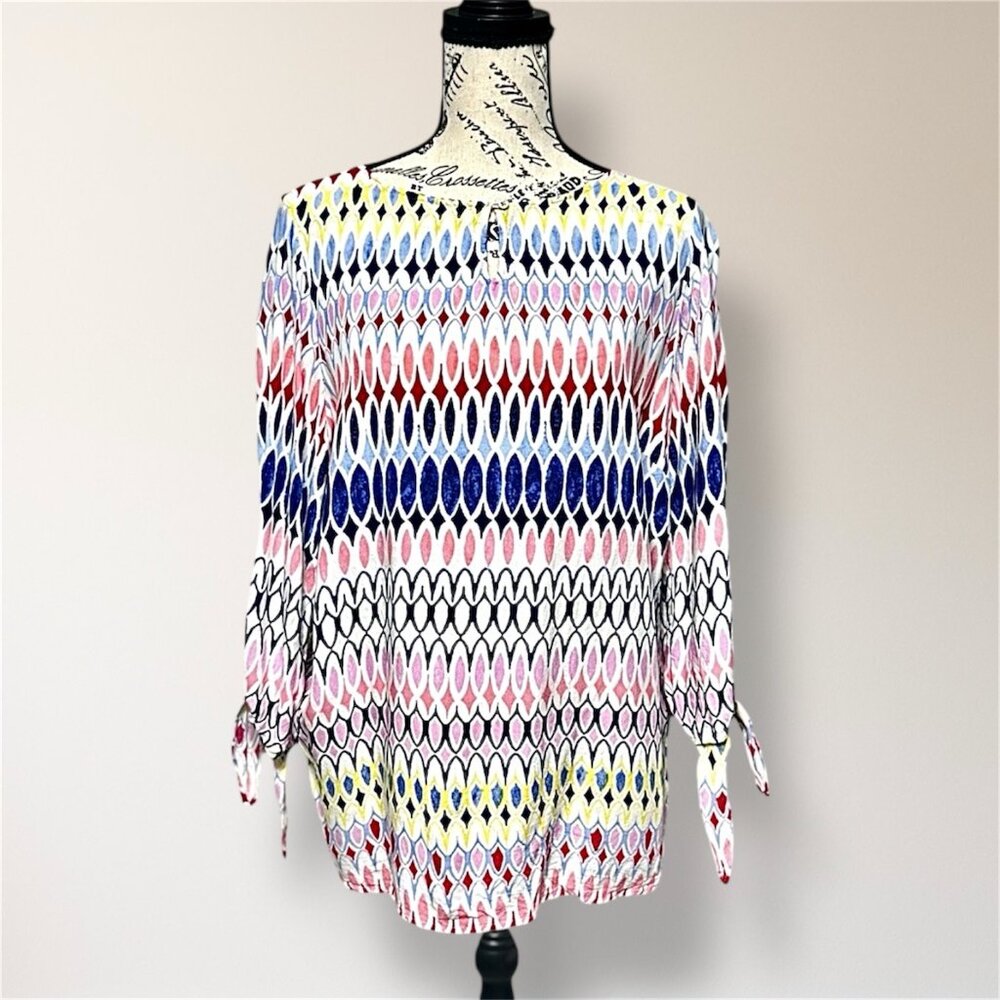 Talbots Petites‎ PL Blue Black Geometric Keyhole Tie Sleeve Blouse Boho Festival